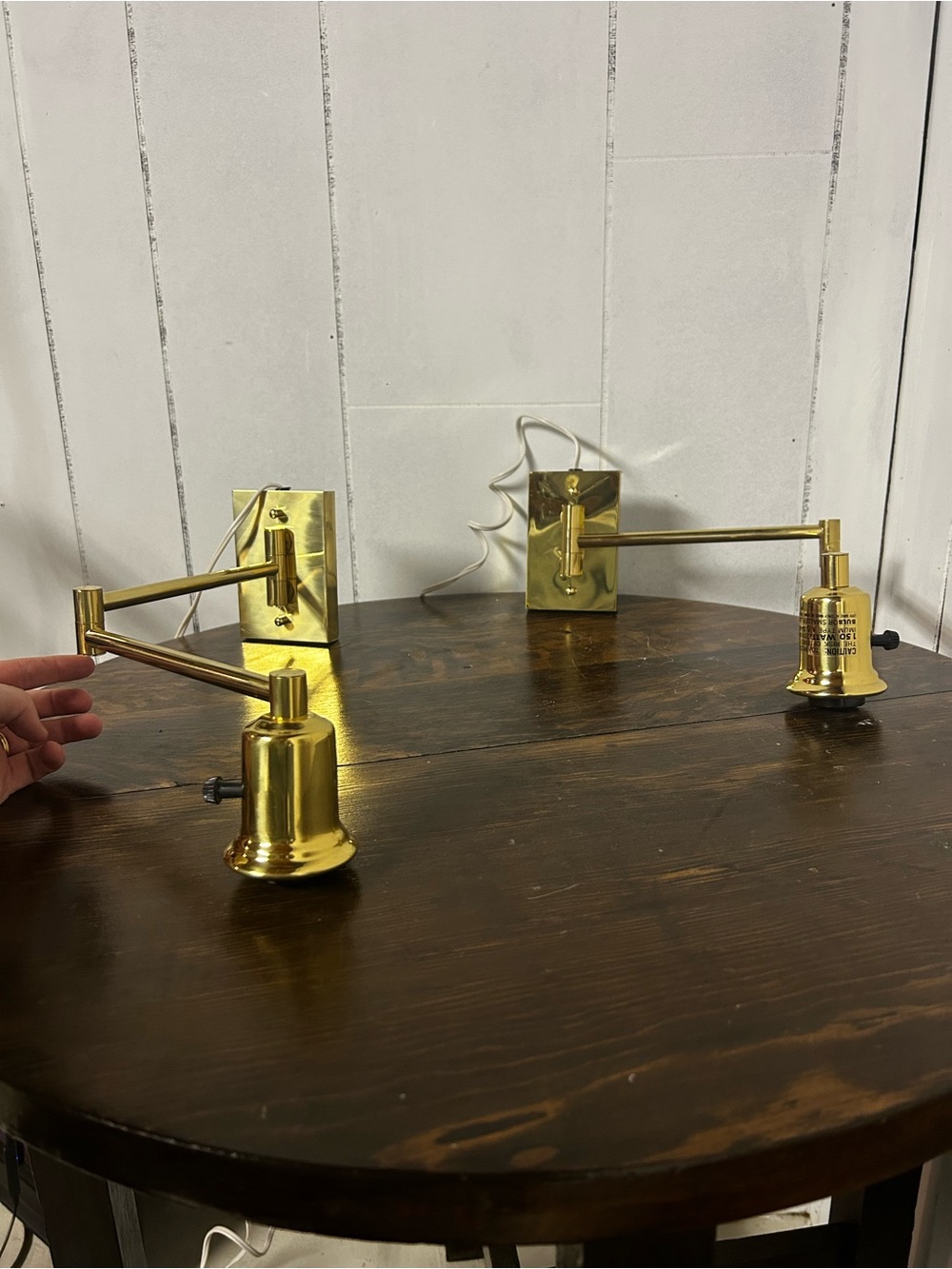 Pair of Vintage Gold Brass Swing Arm Wall Mount Sconces, Hollywood Regency Style